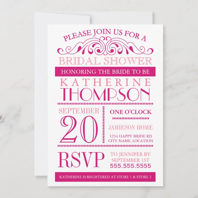 Invitación Fuchsia moderna y ducha de novia rosa invitan (Anverso)