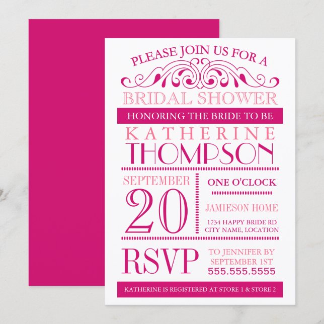 Invitación Fuchsia moderna y ducha de novia rosa invitan (Anverso / Reverso)