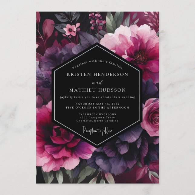 Invitación Fuchsia Moody Flora Wedding (Anverso)