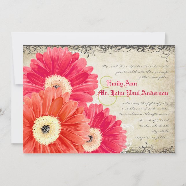 Invitación Fuchsia Naranja de Coral Gerber Daisy Wedding Invi (Anverso)