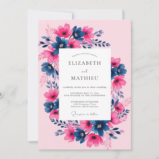 Invitación Fuchsia Navy Painterly Spring Wedding (Anverso)