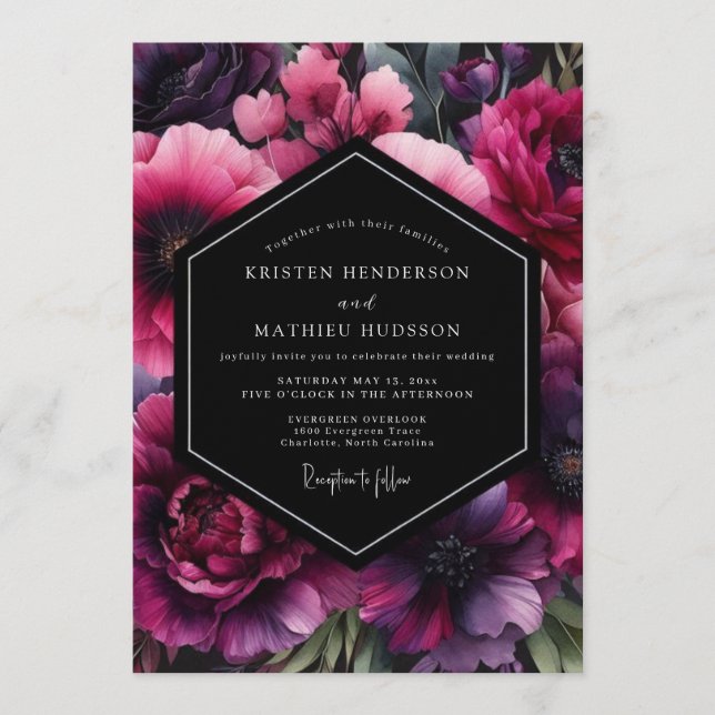 Invitación Fuchsia Nocturnal Bloom Wedding (Anverso)