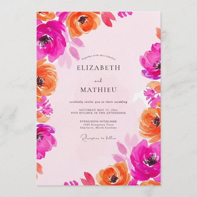 Invitación Fuchsia & Orange Painterly Bloom Wedding (Anverso)