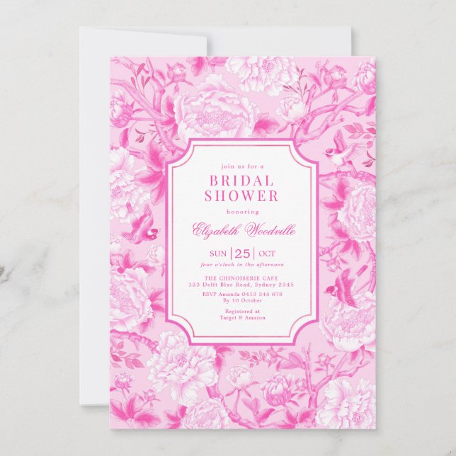 Invitación Fuchsia Pink Chinoiserie Floral Bridal Shower (Anverso)