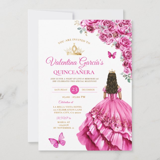 Invitación Fuchsia Pink Dress Quinceañera 15 Anos Floral Gold (Anverso)