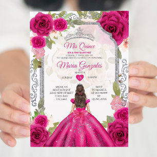 Invitación Fuchsia Pink Floral Mis Quince 15 Anos Quinceañera