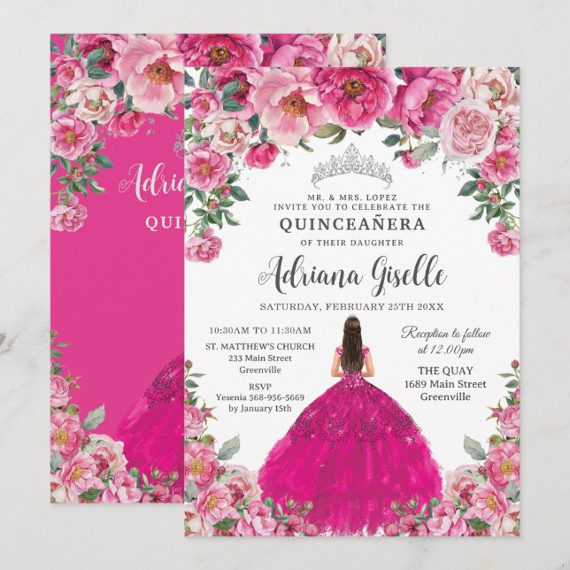 Invitación Fuchsia Pink Floral Silver Quinceanera XV Sweet 16 (Anverso / Reverso)