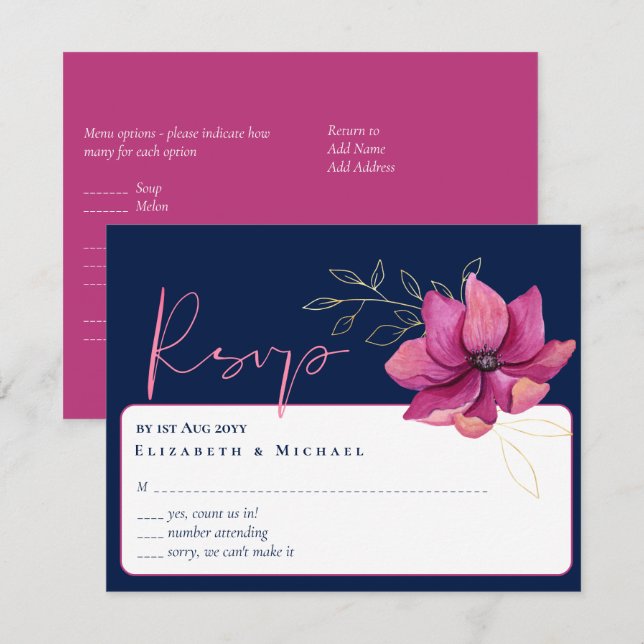 Invitación Fuchsia Pink Navy Blue Wedding RSVP (Anverso / Reverso)