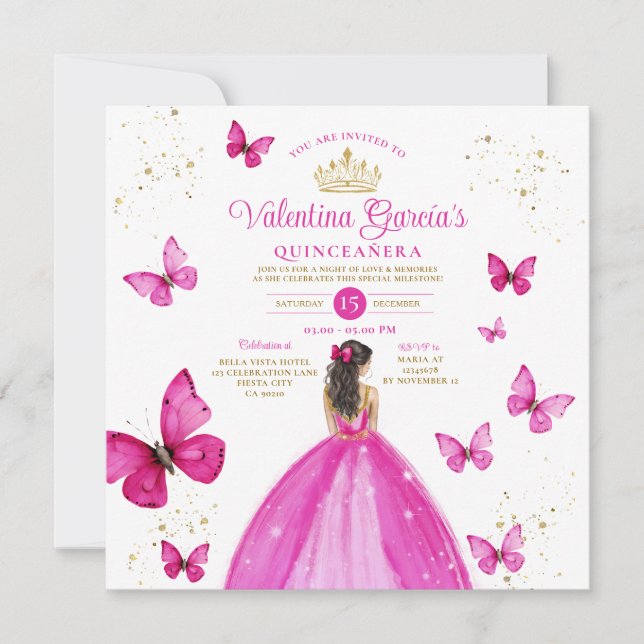 Invitación Fuchsia Pink Quinceañera 15 Anos (Anverso)