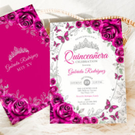 Invitación Fuchsia Pink Silver Floral Quinceanera