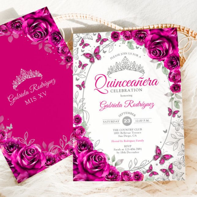 Invitación Fuchsia Pink Silver Floral Quinceanera (Subido por el creador)