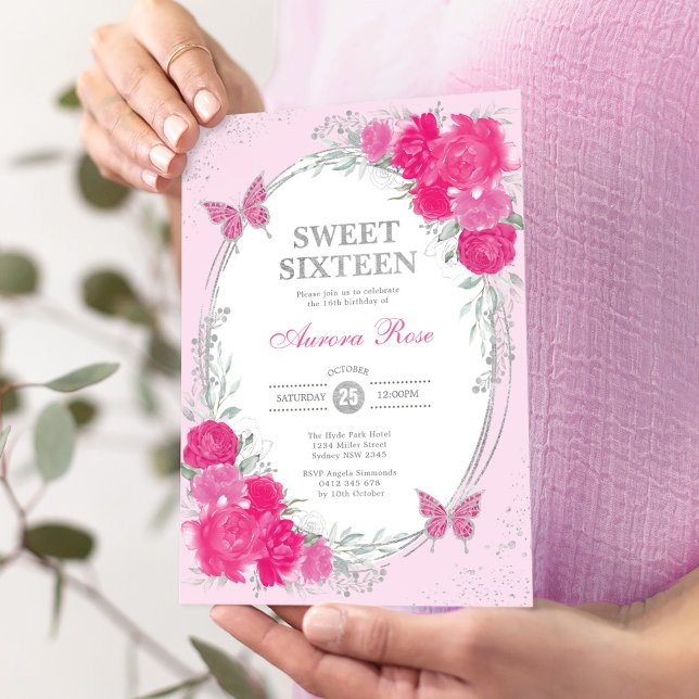 Invitación Fuchsia Pink Silver Sweet Sixteen 16th Birthday (Subido por el creador)