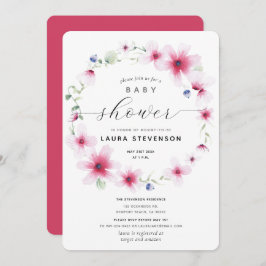 Invitación Fuchsia Pink Watercolor Floral Wreath Baby Shower
