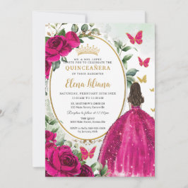 Invitación Fuchsia Princesa Floral Rosa Caliente Oro Quinceañ