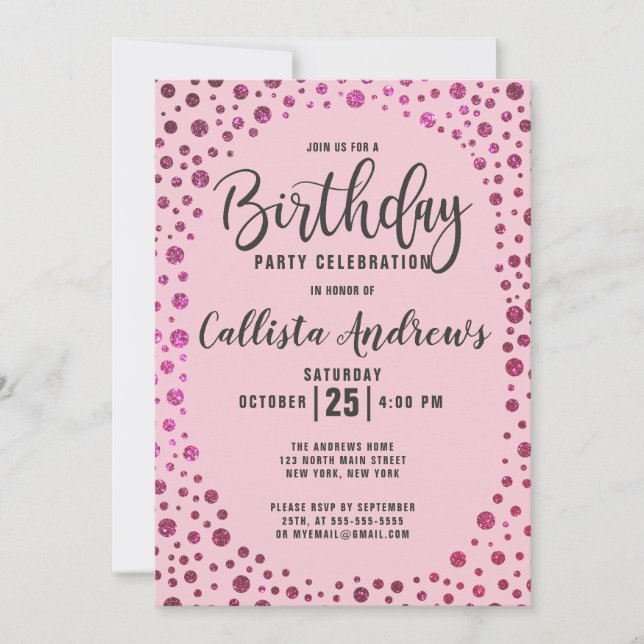 Invitación Fuchsia Purpurina Rosa Confetti Cumpleaños de la f (Anverso)