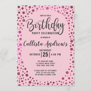 Invitación Fuchsia Purpurina Rosa Confetti Cumpleaños de la f