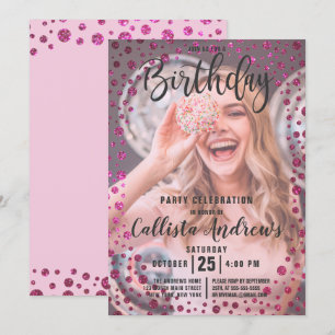 Invitación Fuchsia Purpurina Rosa Confetti Foto Cumpleaños