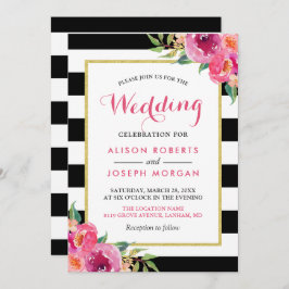 Invitación Fuchsia Raspberry Floral Stripes Boda moderno