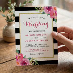 Invitación Fuchsia Raspberry Floral Stripes Boda moderno