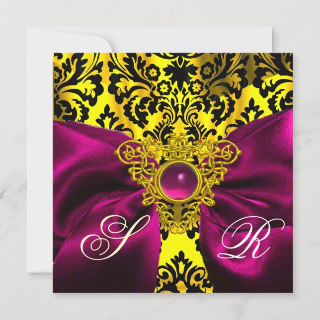 INVITACIÓN FUCHSIA RIBBON GOLD CELTIC HEART DAMASK MONOGRAM (Anverso)