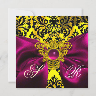 INVITACIÓN FUCHSIA RIBBON GOLD CELTIC HEART DAMASK MONOGRAM