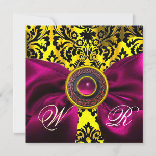 INVITACIÓN FUCHSIA RIBBON ORO AMARILLO NEGRO DAMASK MONOGRAM