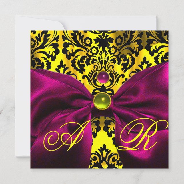 INVITACIÓN FUCHSIA RIBBON ORO AMARILLO NEGRO DAMASK MONOGRAM (Anverso)