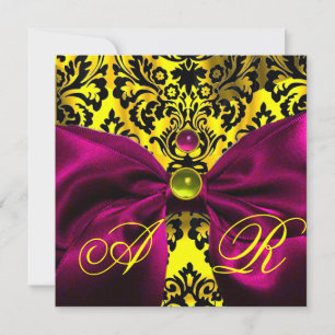 INVITACIÓN FUCHSIA RIBBON ORO AMARILLO NEGRO DAMASK MONOGRAM