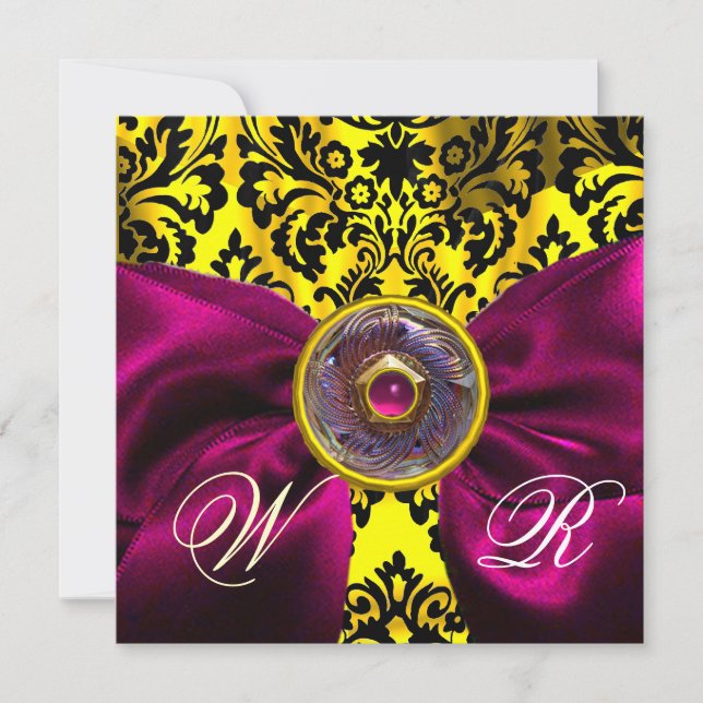 INVITACIÓN FUCHSIA RIBBON ORO AMARILLO NEGRO DAMASK MONOGRAM (Anverso)