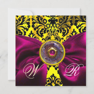 INVITACIÓN FUCHSIA RIBBON ORO AMARILLO NEGRO DAMASK MONOGRAM