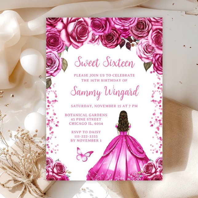 Invitación Fuchsia Rosa Marrón Cabello Princesa Dulces Diecis (Subido por el creador)