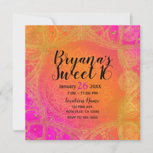 Invitación Fuchsia Rosa Naranja y Dorado Mandala Indio Fiesta