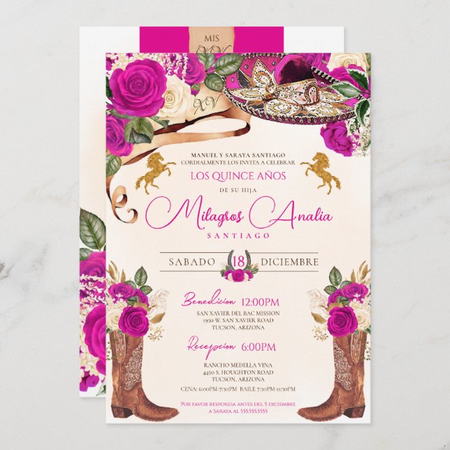 Invitación Fuchsia Rosas de rosa caliente Charro Occidental Q (Anverso / Reverso)