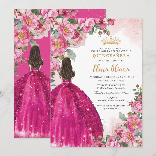 Invitación Fuchsia Rosas de rosa caliente Floral Quinceañera  (Anverso / Reverso)