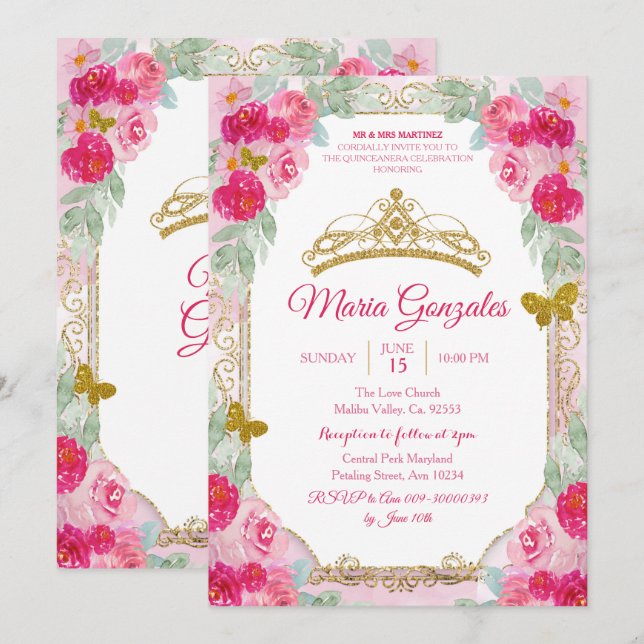 Invitación Fuchsia Roses rosados y Mis Quince de mariposa (Anverso / Reverso)