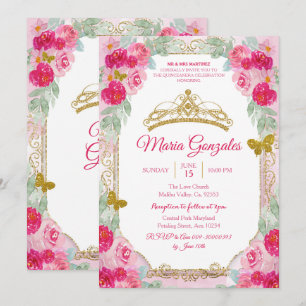 Invitación Fuchsia Roses rosados y Mis Quince de mariposa