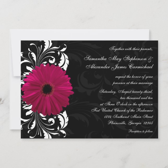 Invitación Fuchsia Scroll Gerbera Daisy con negro y blanco (Anverso)