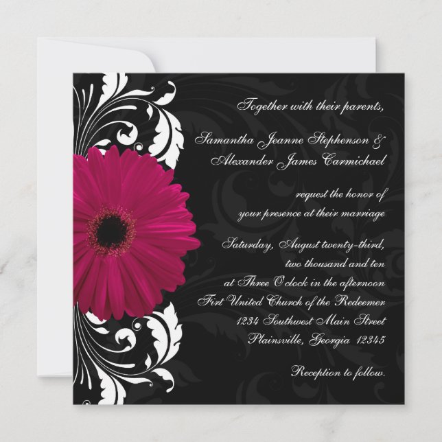 Invitación Fuchsia Scroll Gerbera Daisy con negro y blanco (Anverso)