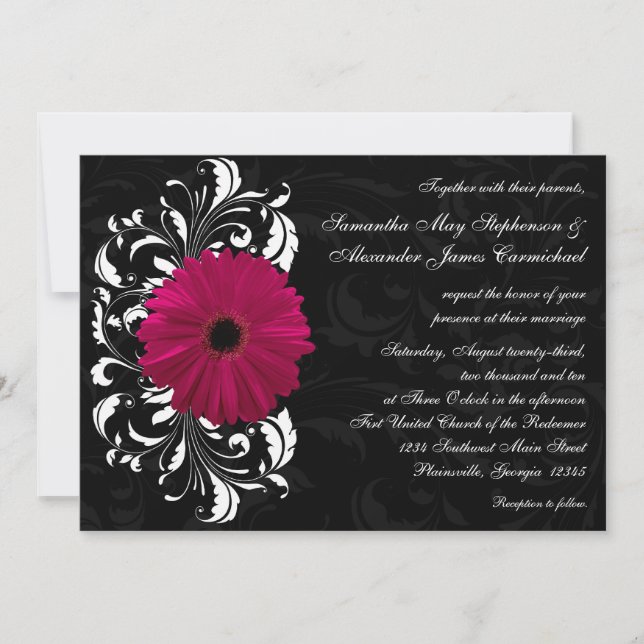 Invitación Fuchsia Scroll Gerbera Daisy con negro y blanco (Anverso)
