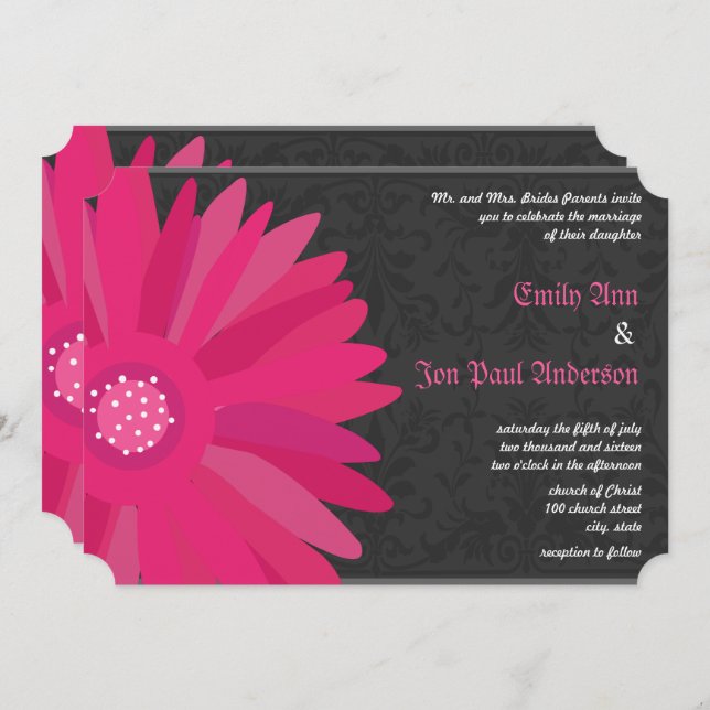 Invitación Fuchsia Silver Metallic Gerber Daisy Boda (Anverso / Reverso)