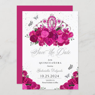 Invitación Fuchsia & Silver Tiara Salven la fecha Quinceañera