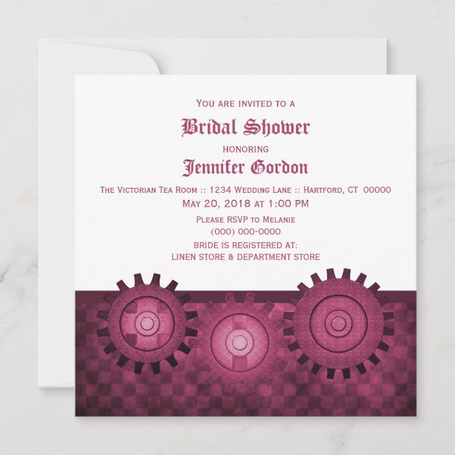 Invitación Fuchsia Steampunk Gears Bridal Shower (Anverso)