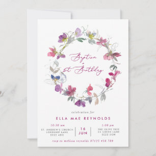 Invitación Fuchsia Sweet Pea Wreath Baptism y 1er cumpleaños 