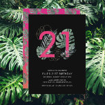 Invitación Fuchsia tropical moderna 21º cumpleaños<br><div class="desc">Esta divertida y moderna invitación para el 21º cumpleaños tiene un fondo tropical rosa y naranja de puesta de sol, hojas tropicales acuáticas que se envuelven alrededor de 21 y un texto simple. La parte posterior presenta un fondo de puesta de sol y un patrón de hojas de monastera tropical...</div>