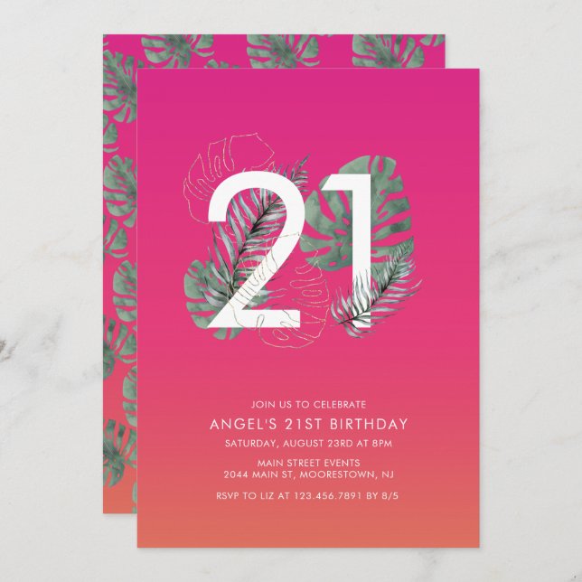 Invitación Fuchsia tropical moderna 21º cumpleaños (Anverso / Reverso)