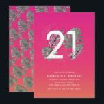 Invitación Fuchsia tropical moderna 21º cumpleaños<br><div class="desc">Esta divertida y moderna invitación para el 21º cumpleaños tiene un fondo tropical rosa y naranja de puesta de sol, hojas tropicales acuáticas que se envuelven alrededor de 21 y un texto simple. La parte posterior presenta un fondo de puesta de sol y un patrón de hojas de monastera tropical...</div>