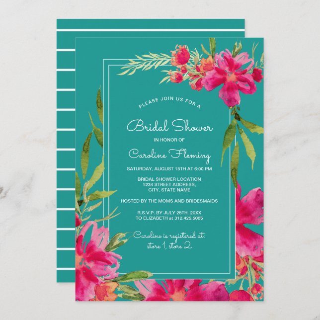 Invitación Fuchsia Turquoise Floral Watercolor Británico (Anverso / Reverso)