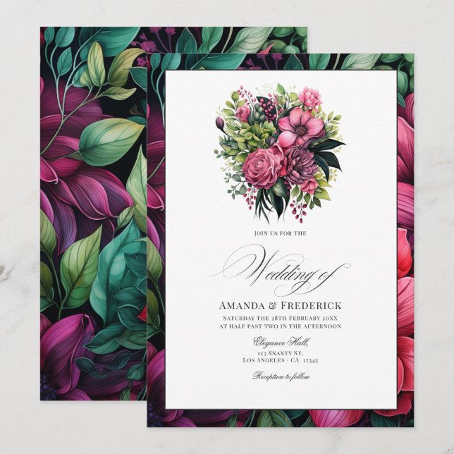 Invitación Fuchsia, verde esmeralda y Boda floral negro (Anverso / Reverso)