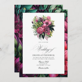 Invitación Fuchsia, verde esmeralda y Boda floral negro