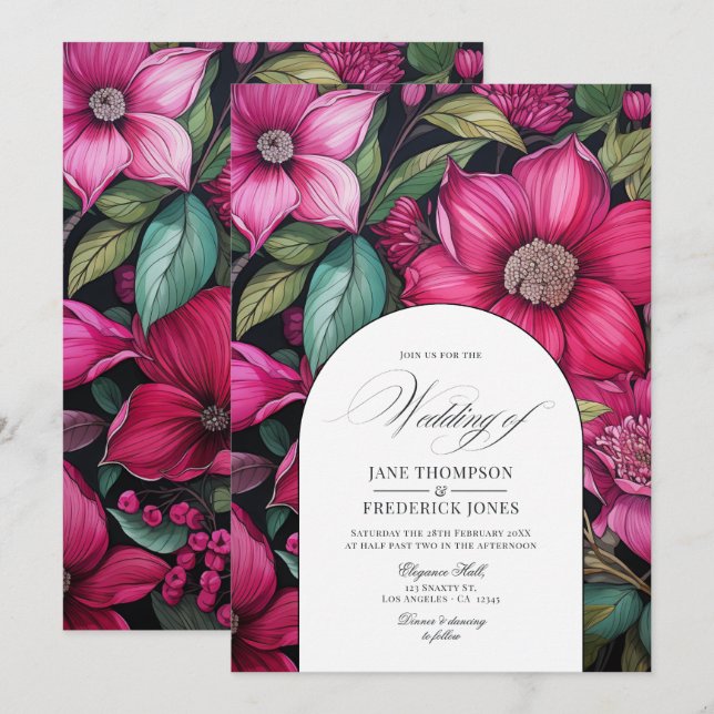 Invitación Fuchsia, verde esmeralda y Boda floral negro (Anverso / Reverso)